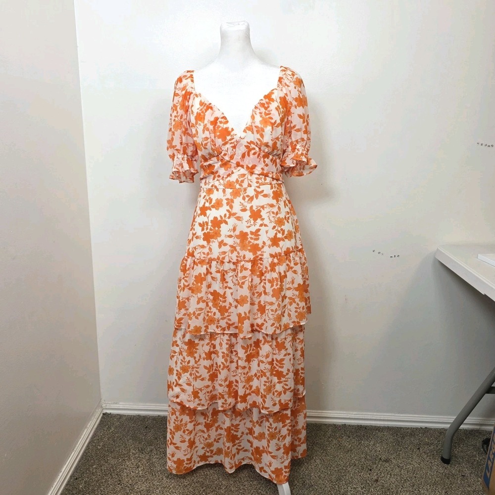 Midnight Doll White Orange Floral Ruffle Tiered Cottagecore‎ Maxi Dress Size S